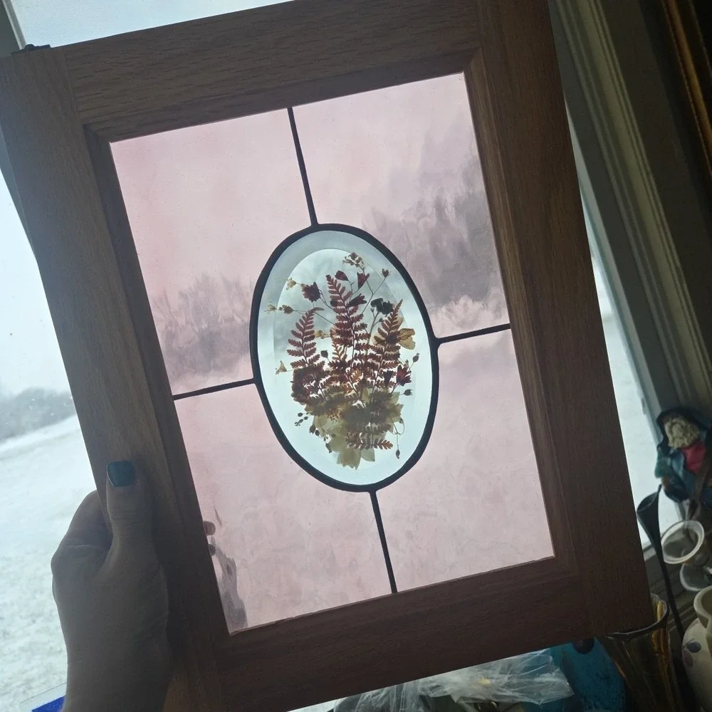 Oak Framed Stained Glass Artwork Dried Flowers Botanical Window Hanging